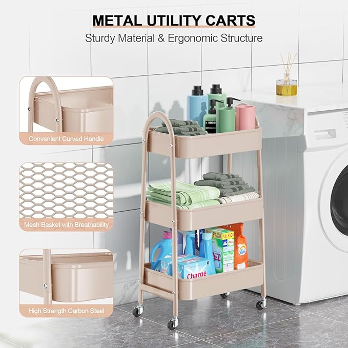 EAGMAK 3 Tier Utility Rolling Cart, Metal Storage Cart with Handle and Lockable Wheels, Multifunctional Storage Organizer Trolley with Mesh Baskets for Kitchen, Living Room, Office, Garage (Beige)