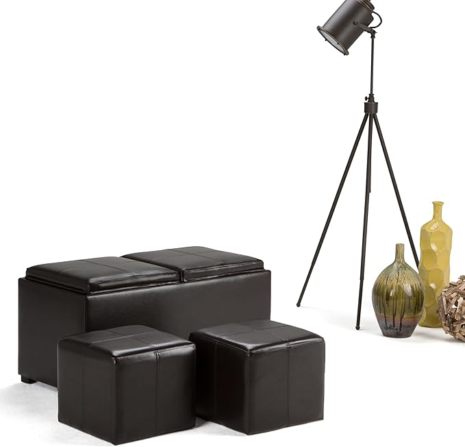 SIMPLIHOME Avalon 35 inch Wide Contemporary Rectangle 5 Pc Storage Ottoman in Tanners Brown Vegan Faux Leather, Assembled, for the Living Room, Entryway and Family Room