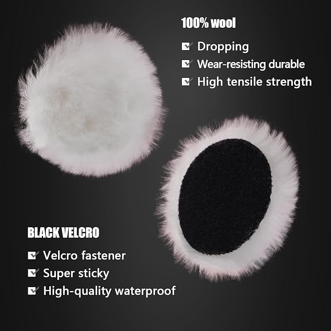 Wool Buffing Polishing Pad, SPTA 3 Inch (75mm) Lambwool Wool Buffing polishing Pads, 6 Pcs Kit with Hook & Loop 5/8"-11 Thread Drill Adapter for Car Polishing and Buffing -QA0798SET