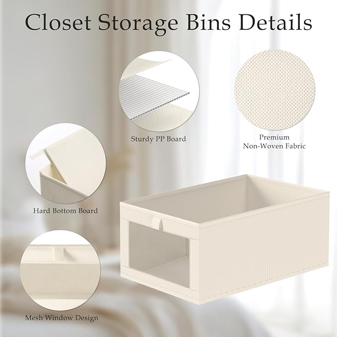 Criusia Linen Closet Organizers and Storage, 8 Pack Large Linen Closet Baskets with Mesh Window for Organization, Foldable Closet Organizer for Clothing, Towels, Toys, Nursery, Books, Shelves, Beige