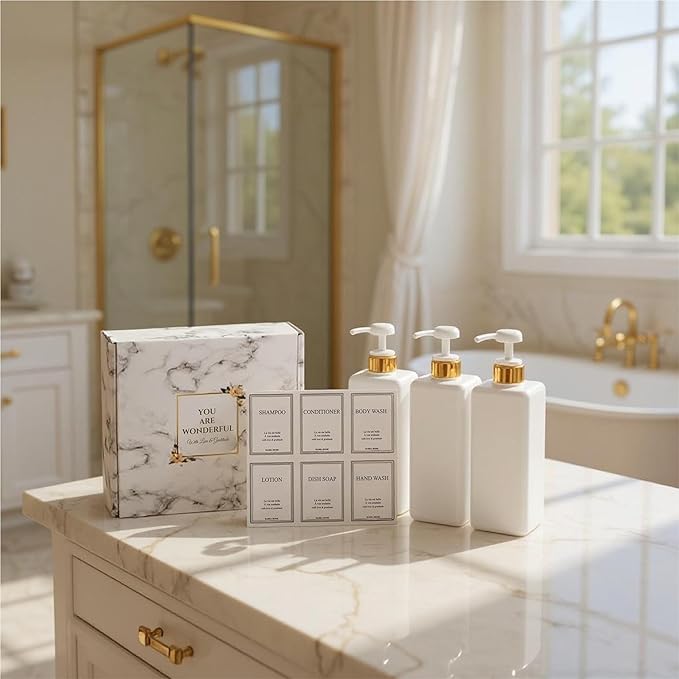 Modern Gold Design Large 27 oz Shampoo and Conditioner Dispensers - Empty Plastic Refillable Pump Bottle Set for Bathroom Shower Soap Dispenser, Set of 3 (White)