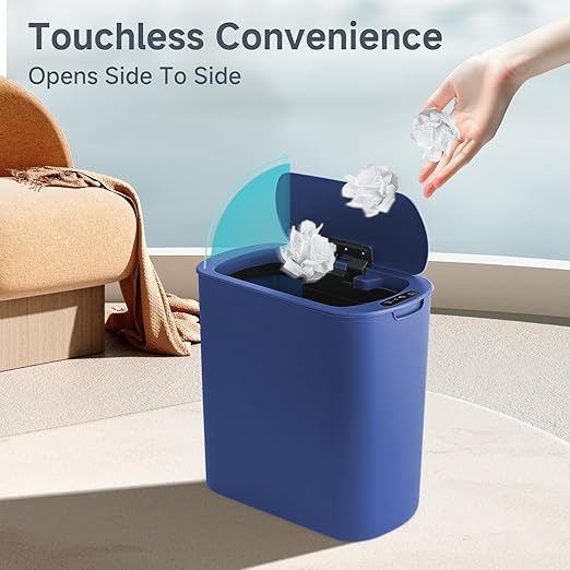 Automatic Motion Sensor Bathroom Trash Can with Lid, 2.6 Gallon Touchless Trash Bin, Smart Garbage Can Plastic Slim Wastebasket for Bedroom, Office, Dorm (Blue)