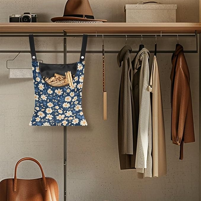 Clothes Pin Hanging Bag with Big Opening Storage Clothes Pins & Mini Clothespins, Hanging Laundry Bag Fits Retractable Clothes Line Outdoors - Daisy Print