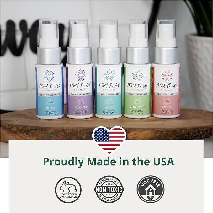 Mist N’ Go by Omaze Travel Bathroom Spray for Toilet Spray Odor Eliminator - Travel Toilet Spray for Bathroom Air Freshener Spray for Bathroom Deodorizer - Dream Travel Size (1oz x5)