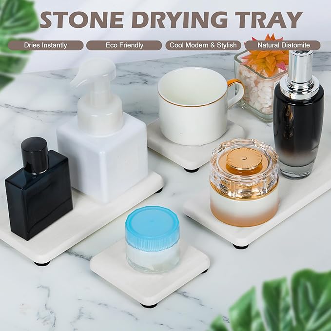 6PCS Stone Drying Tray for Bathroom Counter, Fast Drying Diatomite Stone Sink Tray, Water Absorbing Coaster for Kitchen Sink, Water Absorbent Coasters, Diatomite Soap Dish
