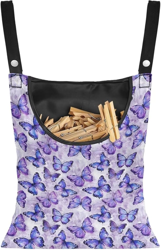 2 Pcs Butterfly Purple Clothespin Bag for Clothesline Outdoor, Soft & Lightweight Hanging Bag for Laundry, Clothes Pins Bag Holder Outdoor, Clothes Pin Bag for Outside