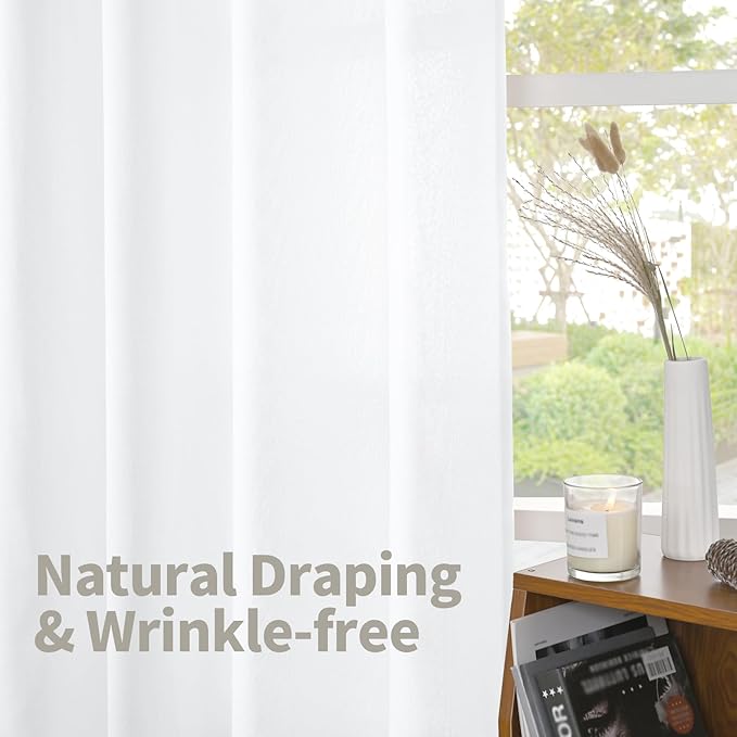 YoungsTex 40 Inch Length White Linen Curtains for Kitchen Window, Rod Pocket Short Semi Sheer Drapes Light Filtering for Bathroom Bedroom Back Tab Small Curtain, 42 X 40 Inch, 2 Panels