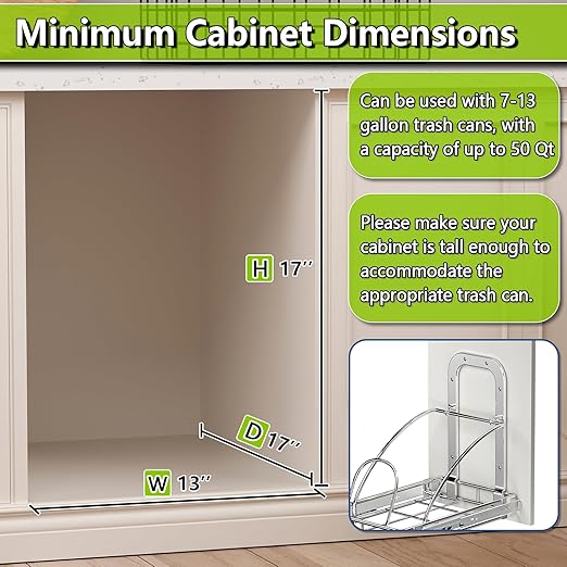 Pull Out Trash Can Slide Rail Under Cabinet 7-13 Gallon 50 Qt Under Sink Trash Can Pull Out Trash Can for Kitchen Cabinets Slide Out Garbage Bin Under Counter, No Can Include (Silver)