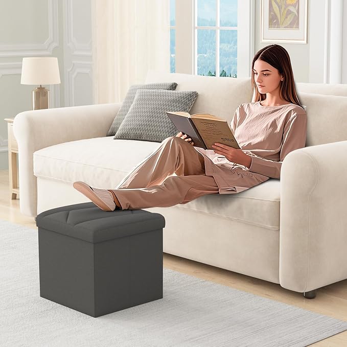 Folding Storage Ottoman Bench, 15 Inches End of Bed Bench, Folding Ottoman Storage for Bedroom, Entryway and Living Room, 15"x15"x15",Dark Gray