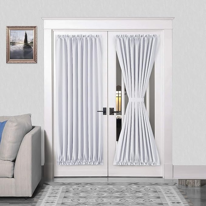 DWCN French Door Curtains – Rod Pocket Thermal Blackout Curtain for Doors with Glass Window, Kitchen and Patio Doors for Privacy, 54 X 72 Inches Long, 1 Curtain Panel with Tieback, Greyish White