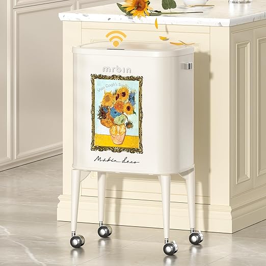 MRBIN Metal Motion Sensor Kitchen Trash Can with Wheel Legs, 36L / 9.5gal Medium Press Lid Slim Waste Basket, Pet Proof Tall Narrow Garbage Pail for Vanity, Bedroom, Bathroom, Living Room, Sunflower