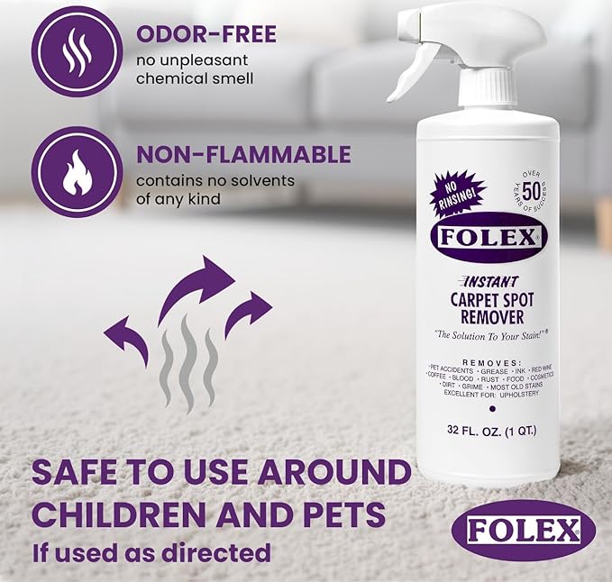 FOLEX Instant Carpet Spot Remover 32 oz – Powerful Stain Remover for Carpets, Upholstery & Rugs – Eliminates Pet Stains, Grease, Red Wine, Food, Makeup & More – With Reusable Cleaning Cloth – 4 Pack