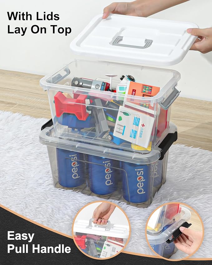 NUMIFUN Plastic Storage Bins With Lids 6 Pack Storage Organizer Bins, 7 Quart Stackable Storage Bins with Lids and Black Handle Buckle Easy for Home Office Organization, White Lids