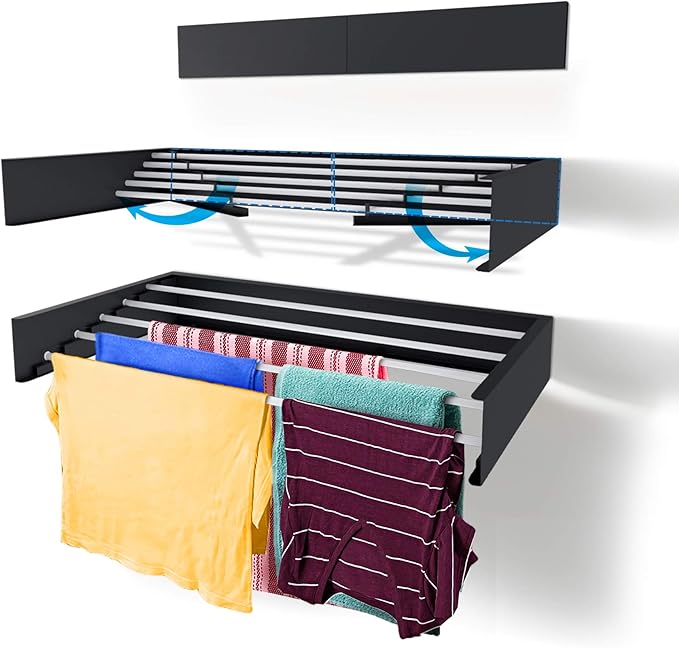 Step Up Laundry Drying Rack (27.5-INCH Industrial Gray), Wall Mounted, Retractable Clothes Drying Rack, 40lbs Load Capacity, 11.6 Linear Ft, with Wall Template and Long Screwdriver Bit