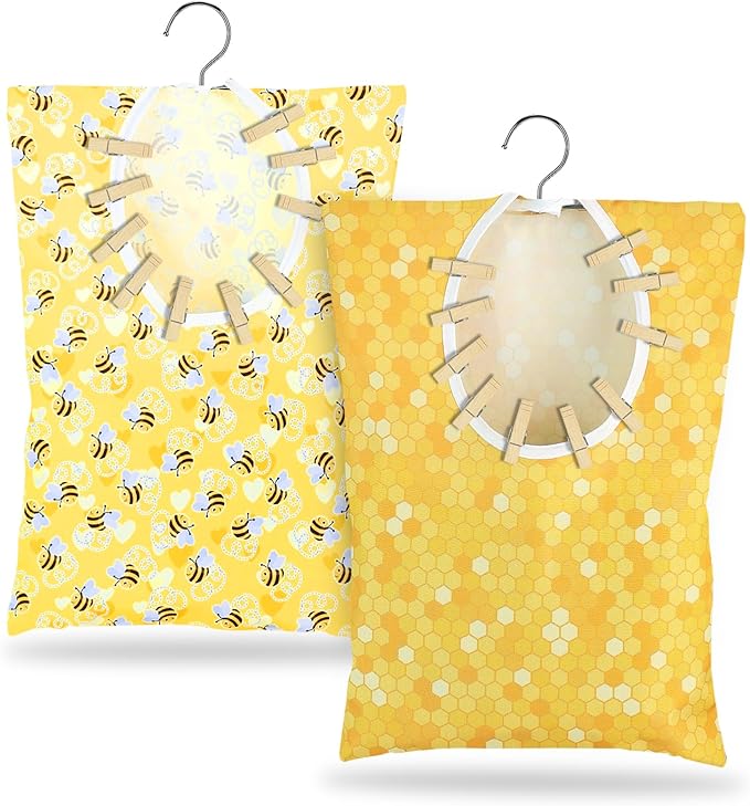 Bee Honeycomb Clothespin Holder - 2 Pcs Bee Clothes Pin Bags - 15 X 11 Inch - Clothes Hanging Bag for Laundry Room & Outdoor Use