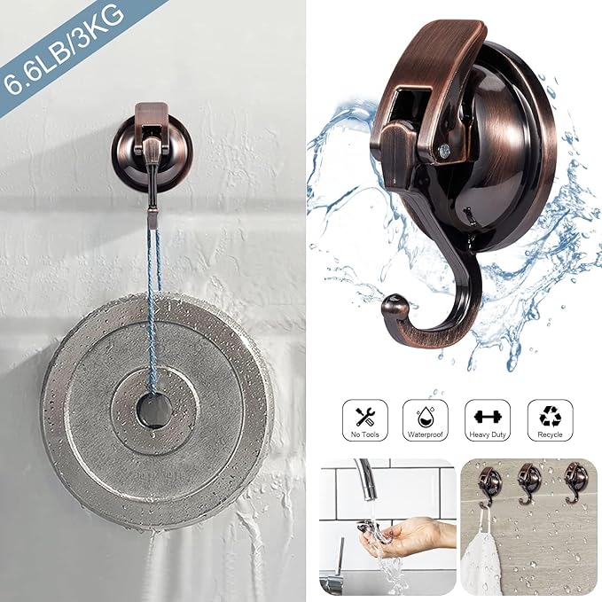Suction Cup Hooks for Shower, Bathroom, Kitchen, Glass Door, Mirror, Tile – Loofah, Towel, Coat, Bath Robe Hook Holder for Hanging – Waterproof Wreath Hanger (Red Bronze 2Pack)