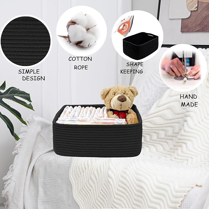 COMFY-HOMI 13" x 8.5" x 5.1" Storage Baskets for Organizing | Cotton Rope Woven Basket | Toy Storage Bin Box | Basket for Shelves, Closet Organizer Bin, Decorative Closet Shelf, 3 Pack, All Black