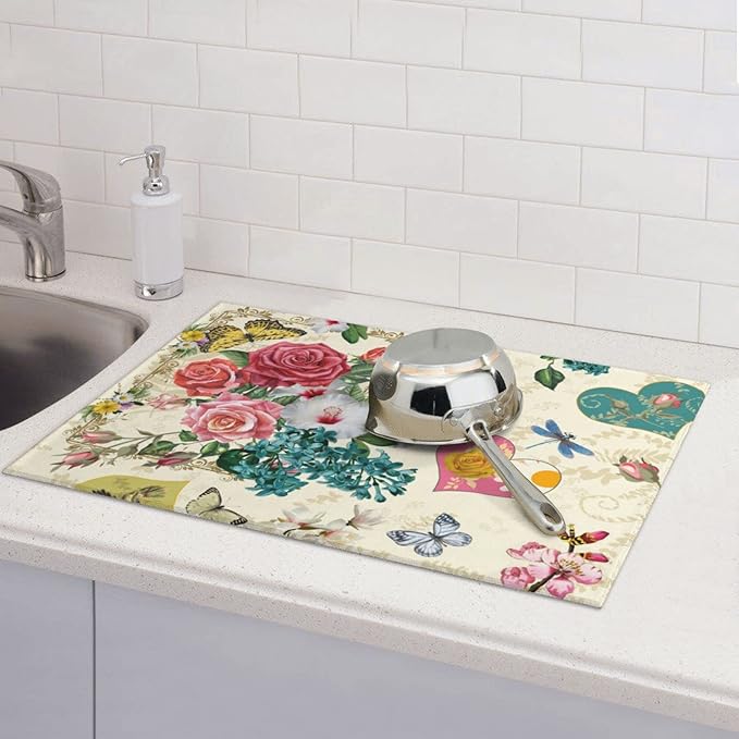 Dish Drying Mat For Kitchen Counter Absorbent Dish Mat Reversible Drainer Drying Kitchen Mat (Beautiful Boho Flowers, 24X18)