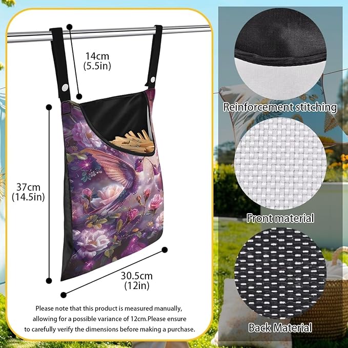 Purple Flower Hummingbird Clothespin Bag with Hanging Hook Summer Laundry Clothes Pin Holder Waterproof Clothes Pin Hanging Bag Clothespin Storage Organizer for Indoor and Outdoor