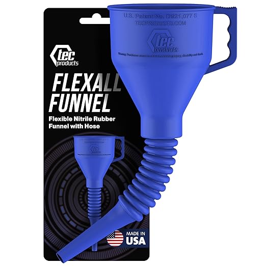 TEC Products FlexAll Long Flexible Funnel for Automotive Use - Durable Nitrile Rubber - Ideal for Car Oil Change, Transmission Funnel Fluid, Diesel, Fuel, Gas - Made in USA - Blue (12 x 4 Inches)