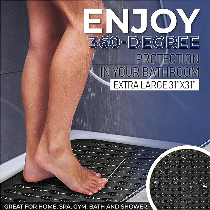 ENKOSI Extra Large Square Non Slip Shower Mat - 31 x 31-inch XL Bathroom Shower Mat - Square Shower Matts for Shower Stall Floors | Secure Suction Cups and Drain Holes (31x31 Light Blue)