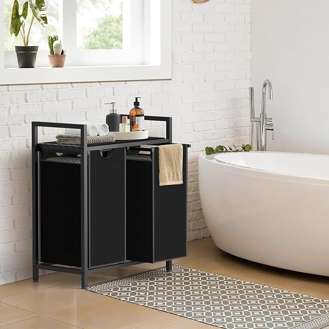 Laundry Hamper, Laundry Sorter with 2 Pull-Out Removable Oxford Fabric Bags Cloth Laundry Basket 2 x 10 Gallons (Charcoal Black)