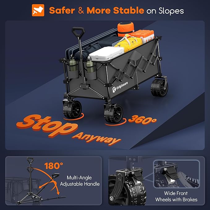 220L Collapsible Wagon Cart Foldable, 460lbs Load Capacity Heavy Duty Folding Beach Wagons with Big All-Terrain Wheels, Utility Carts for Groceries, Shopping, Camping, Sports - Grey