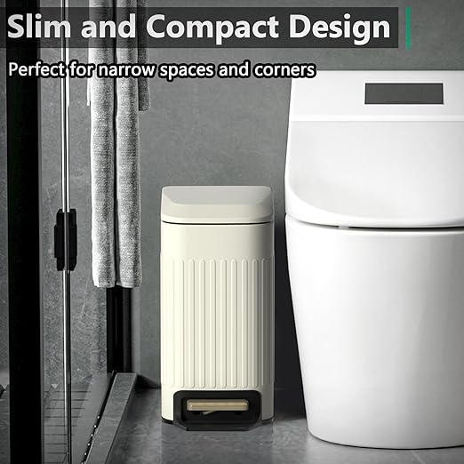 CEROELDA Small Bathroom Trash Can with Lid Soft Close-5L/1.3 Gal Slim Garbage Can-Metal Step Wastebasket-Rectangle Narrow Waste Bin for Office, Bedroom, Toilet, Live Room (Embossed-Beige)