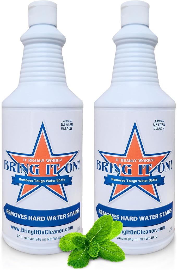 Bring It On Cleaner Hard Water Stain Remover for Glass, Soap Scum remover for Shower glass, Fiberglass, Windows, Tile & Grout, Water Spot Remover for Glass Door Bathroom, Lime Scale & Sink 32Oz 2Pack