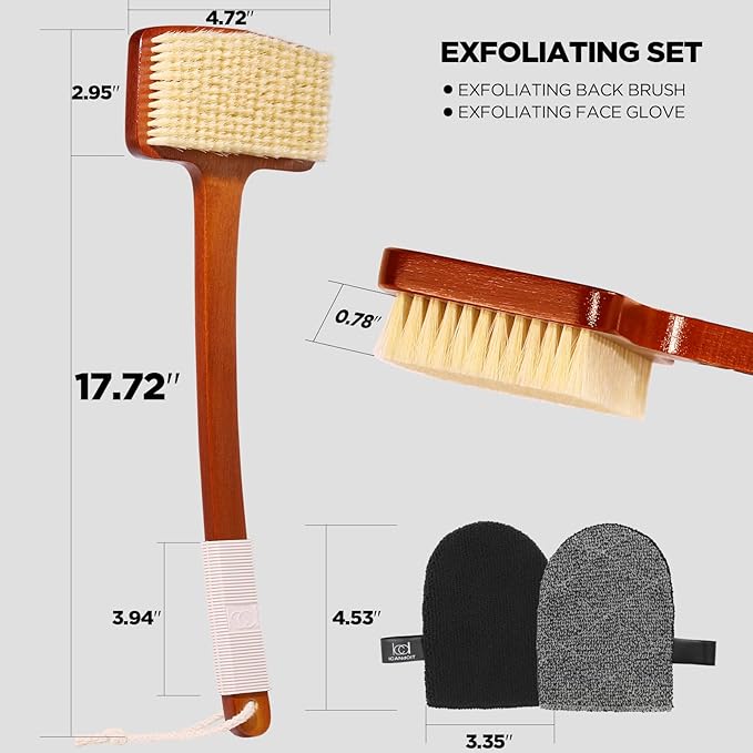 ICANdOIT Exfoliation Set-17.71 Inch Boar Bristles Back Scrubber Bath Brush,Shower Brush with No-Slip Curved Handle,Dual-Sided Face Exfoliation Glove