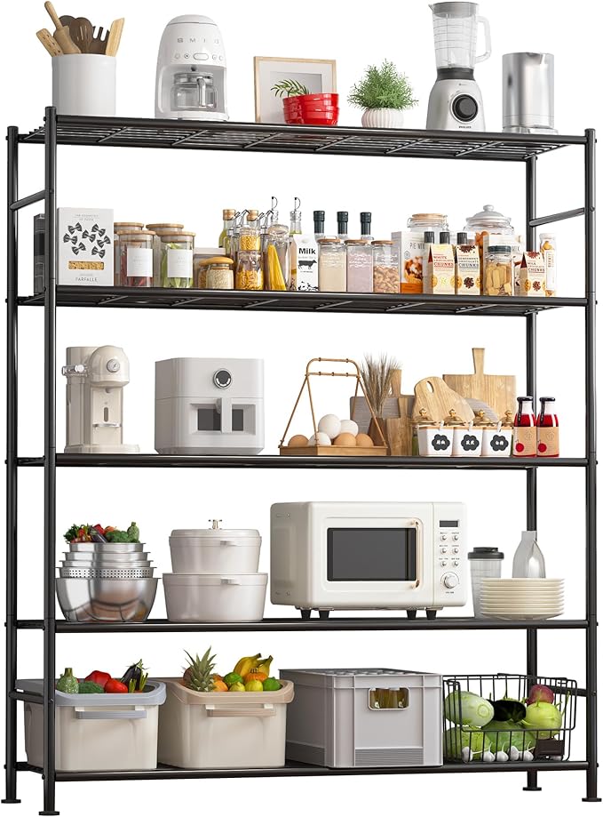 Storage Shelves - 5 Tier Shelf Organizer, Sturdy Metal Garage Shelving with Adjustable Leveling Feet, Space-Saving Shelves Organizer for Pantry, Laundry, Kitchen (47" x 12" x 60", Black)