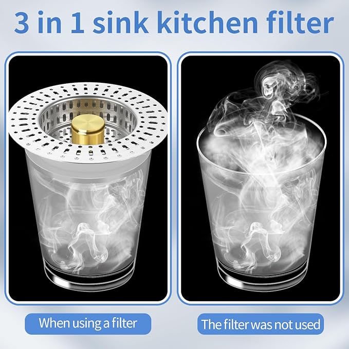 Upgraded 3 in 1 Kitchen Sink Drain Strainer - Stainless Steel Sink Stopper, Anti-Clogging Sink Food Catcher Basket, Fast Drainage Odor Filter Sink Plug(golden-2pcs)