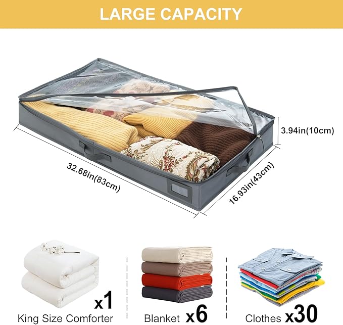 4-Inch Under Bed Storage Containers (2-Pack) | Sturdy Sidewalls | Clear Cover & Label Holder | Foldable Closet Organizer | Stores Clothing/Blankets/Sweaters/Sheets