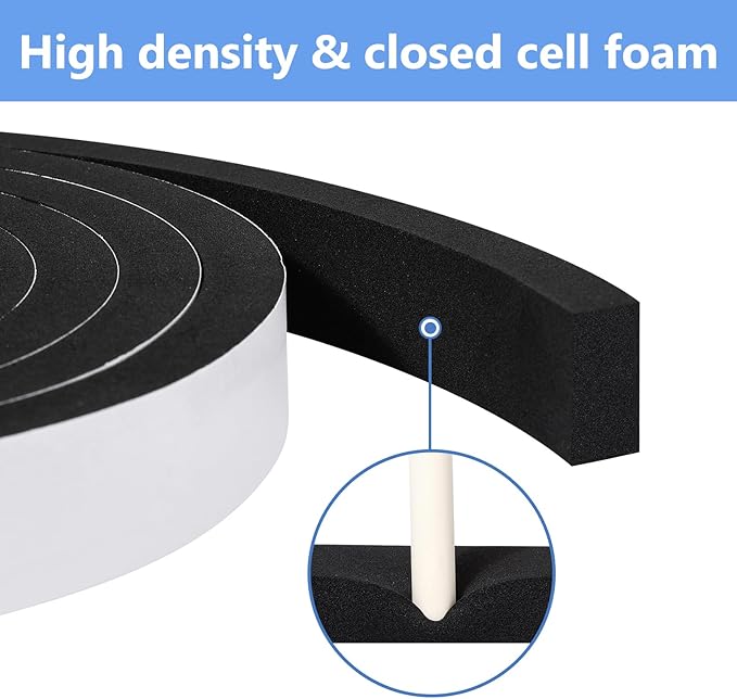 Weather Stripping Door Seal Strip- 1 Inch X 1/16 Inch X 32Feet, Strong Adhesive, Lightproof, Soundproof, Weatherproof Foam Tape Insulation for Sliding Door, Front Door Frame, Windows- Black