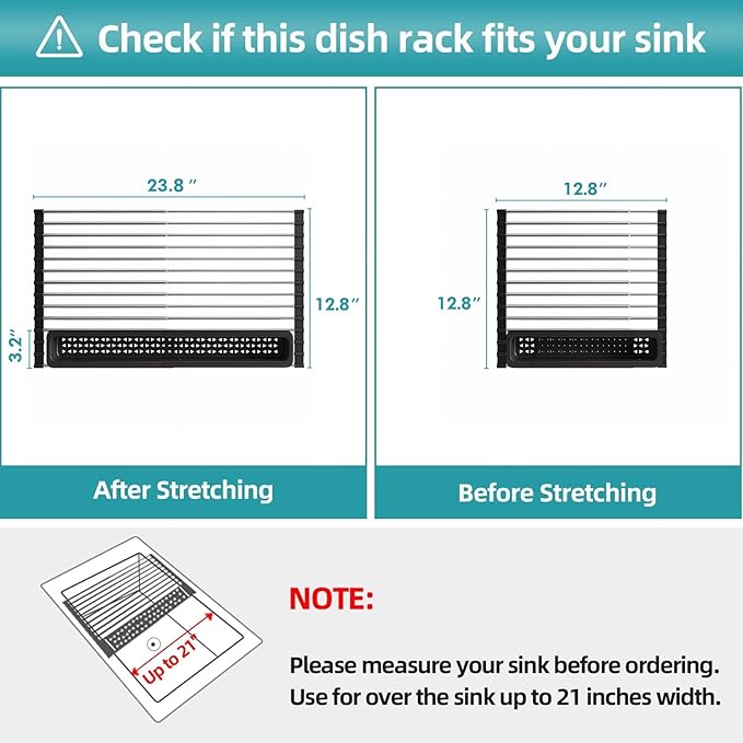 JASIWAY Roll Up Dish Drying Rack, Expandable (12.8"-23.8" D x 12.8" W) Stainless Steel Portable Over The Sink Dish Drainer for Kitchen Sink Counter, Foldable Sink Cover with Removable Utensil Holder