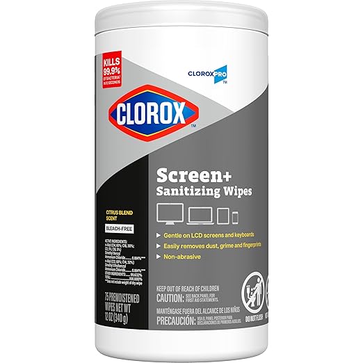 CloroxPro Clorox Screen+ Sanitizing Wipes, Bleach Free Cleaning Wipes, Citrus Blend Scent, 75 Count, Pack of 6