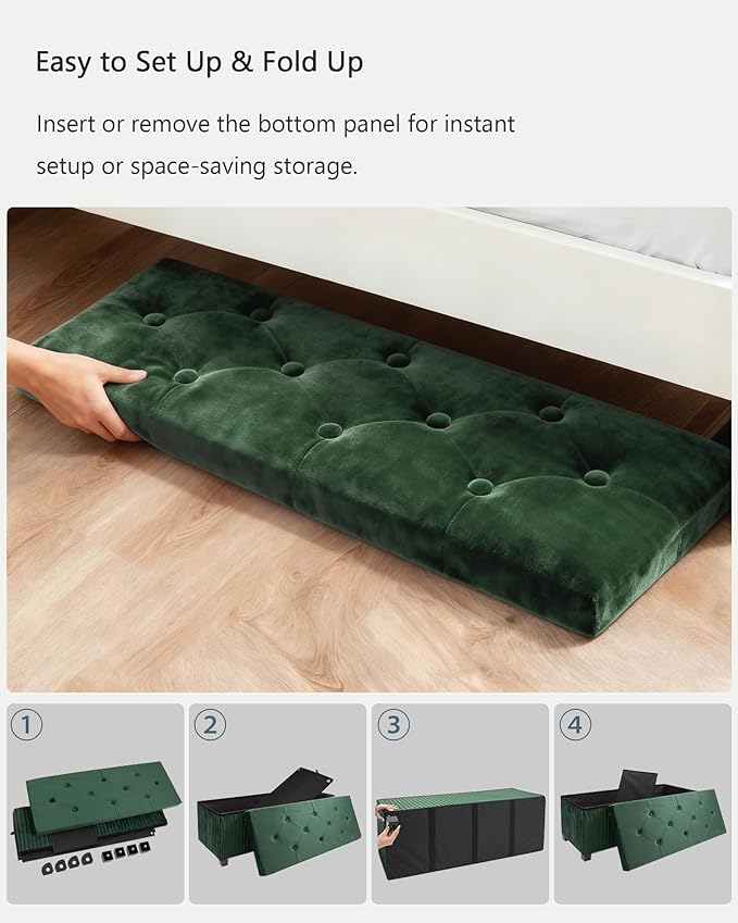 Storage Ottoman Bench, 43 Inch Foldable Ottoman with Legs, Velvet Foot Rest Stool, End of Bed Bench, Storage Chest for Living Room, Bedroom (Green)