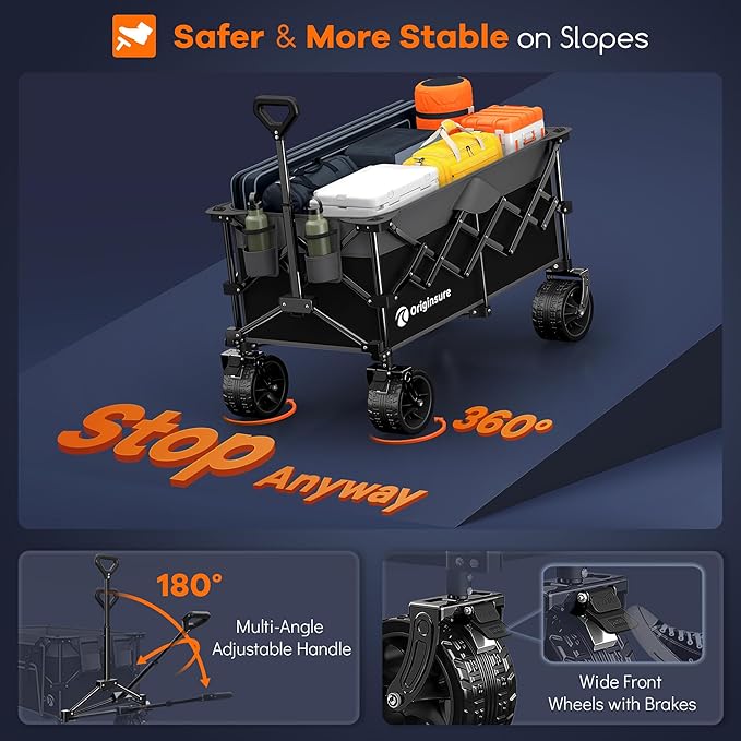 220L Collapsible Wagon Cart Foldable, 460lbs Load Capacity Heavy Duty Folding Beach Wagons with Big All-Terrain Wheels, Utility Carts for Groceries, Shopping, Camping, Sports - Grey&Black