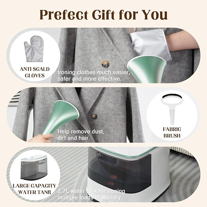 Standing Garment Steamer, 2000W Powerful Steamer for Clothes, 10 Steam Levels, 2.7L Water Tank for 90 Mins Continuous Steaming, Home Commercial Use (Pearl Green)