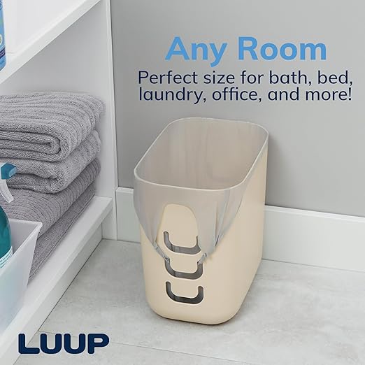 STORi Luup Bathroom Wastebasket, Secure Grocery Bags, Plastic Garbage Container for Vanity, Laundry Room, Kitchen, Office, 2.5 Gallon, Beige, Made in USA