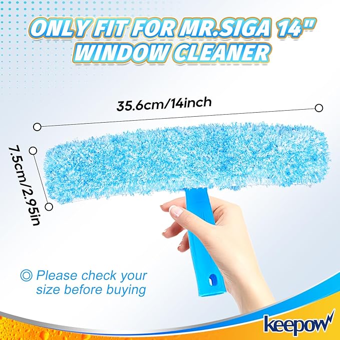 KEEPOW 14" Microfiber Window Scrubber Refill Replacement Compatible with MR.SIGA, Compatible with Ettore Professional Window Cleaning, Reusable & Washable Window Squeegee for Home (2 Pack)