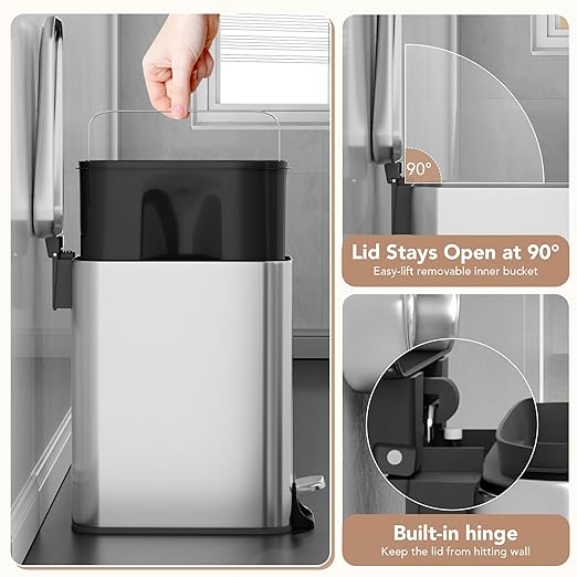 Small Trash Can with Lid Soft-Close, 6 L/1.6 Gal Bathroom Garbage Can with Removable Inner Bucket, Step Pedal, Stainless Steel Wastebasket for Kitchen, Bathroom, Bedroom, Office, Silver