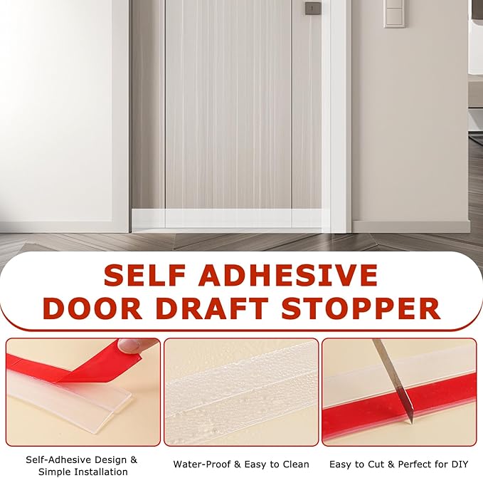 Weather Stripping Self Adhesive Door Draft Stopper Flexible Shower Door Bottom Seal Silicone Seal Strip for Sliding Glass Windows Side Gaps (Transparent, 2 Inch Wide x 20 Feet Long)