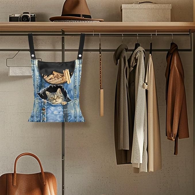 2 Pcs Clothespin Bag, Cat Pin Bag with Hanging Rope for Home Outdoor，Laundry Hanging Bag Fits Clothes Lines for Hanging Clothes Outside Balcony Bathroom Corridor Yard