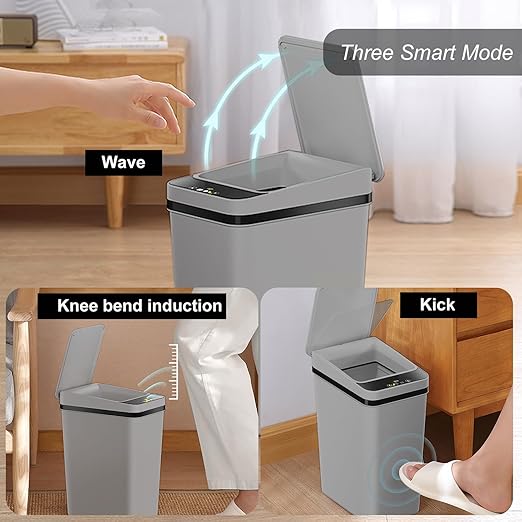 Yatmung 2 Pack - 2.5 Gallon Motion Sensor Bathroom Trash Can - Slim Smart Trash Cans - Skinny Trash Bin with Lid - Electric, Narrow, Plastic, Auto Open - Small Automatic Garbage Can (Grey)