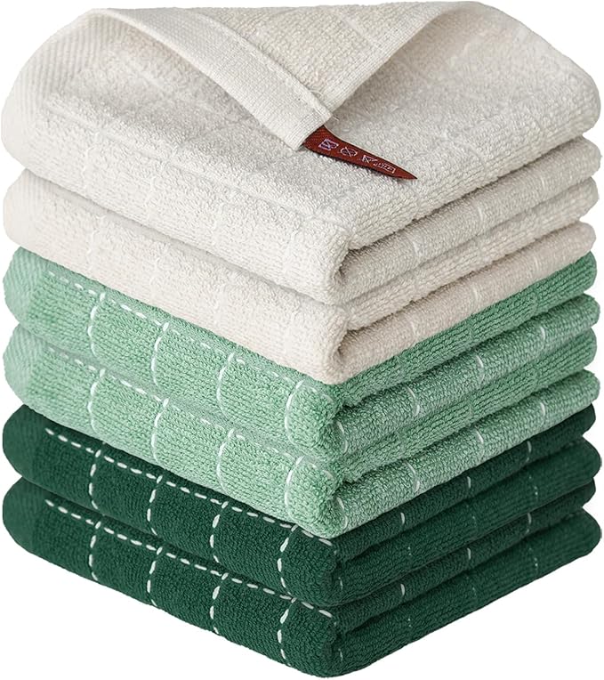 Artoid Mode Checkered Designed Cotton Beige Dark Green Terry Kitchen Dish Cloths, 12x12 Inch Soft Absorbent Quick Drying Kitchen Rags Set of 6