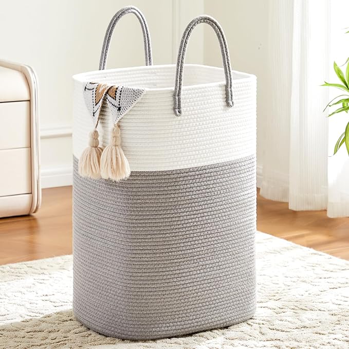 Laundry Basket,Woven Cotton Rope Laundry Hamper,Versatile Storage for Dirty Clothes,Baby Toys,and Blankets in Bathroom, Nursery,and Living Room (Grey, 80L)