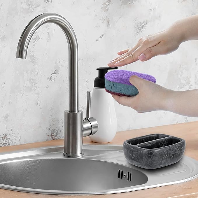 MyGift Modern Black Resin Double Sponge Holder with Realistic Marble Pattern for Kitchen Sink Countertop, Dish Cleaning Sponges or Scrubbing Pads Bowl with 2 Compartments