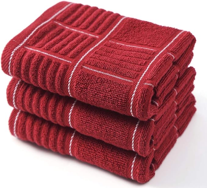 Anyi 100% Cotton Kitchen Towels, Absorbent Dish Towels with Hanging Loop, Soft Kitchen Hand Towels for Washing Drying Dishes(16x26, Set of 3, Redwhite)