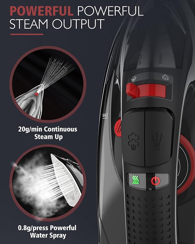 Cordless Iron for Clothes, 1500W Steam Iron Rapid Heating, Ceramic Soleplate, Auto Shut Off, Self-Clean, Anti-Calc, 3 Temperature Settings, 11.84oz Water Tank Ironing Clothes for Home, Black